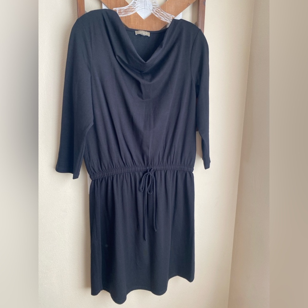 EUC LILLA P M Drape Neck Dress Drawstring 3/4 Sleeve Cotton Modal Black Stretch